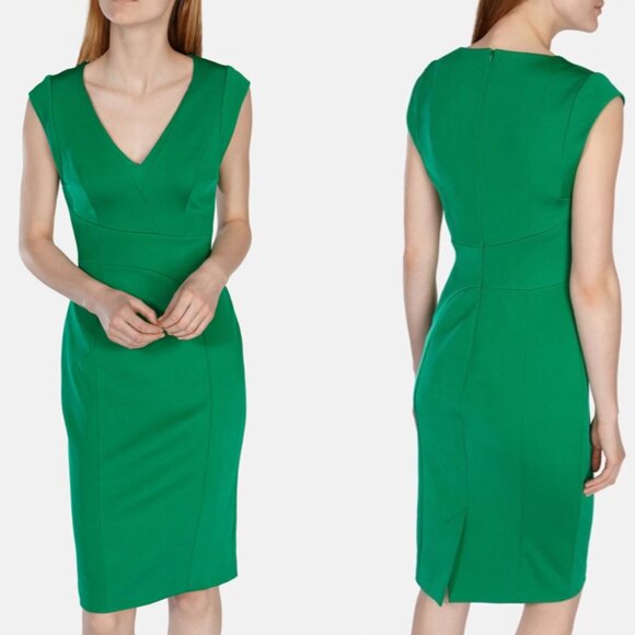 Karen Millen Elegant Bright Green V-Neck Structured Pencil Dress - Size 4 - Picture 2 of 16